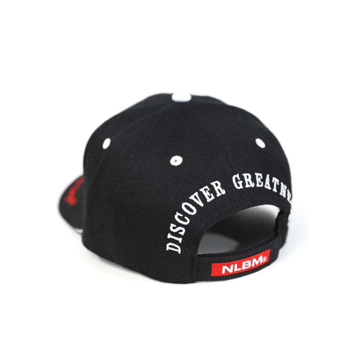 2 of 3: Indianapolis Clowns Legends Baseball Cap - Black cap with 'DISCOVER GREATNESS' text and NIBM logo on a white background (Back)
