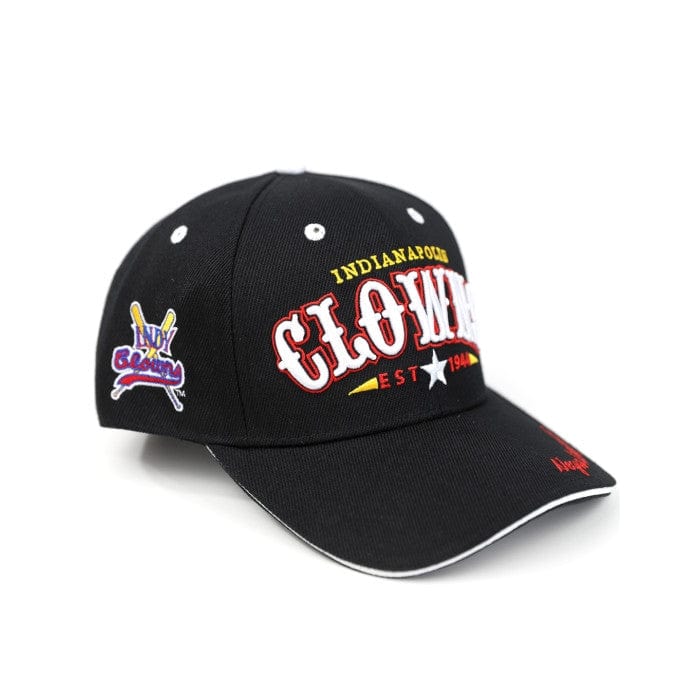 3 of 3: Indianapolis Clowns Legends Baseball Cap - Black cap with colorful text and logos on a white background (Front)