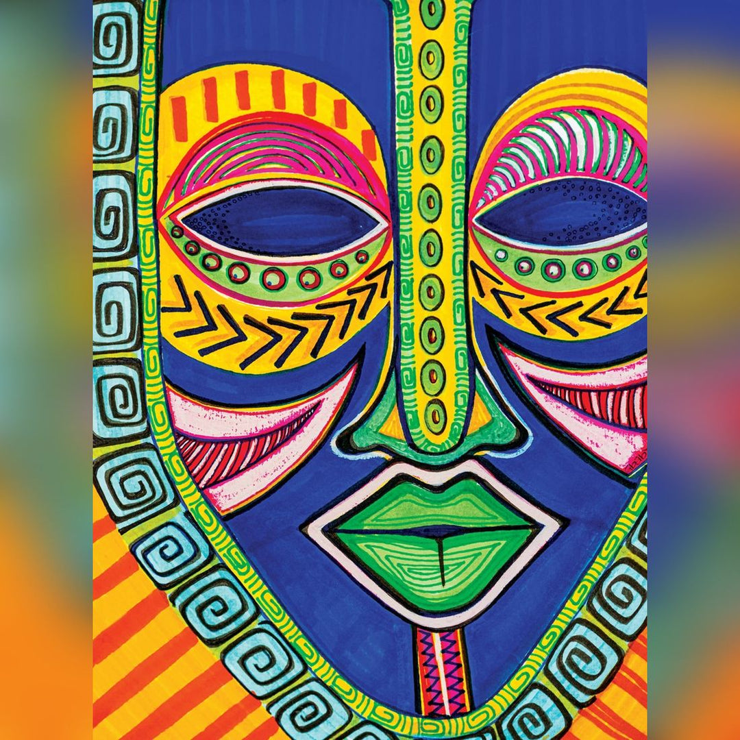 Inspire by Sylvia "Gbaby" Cohen: African American Jigsaw Puzzle (Artwork) - Colorful abstract mask design with intricate patterns on a blue background