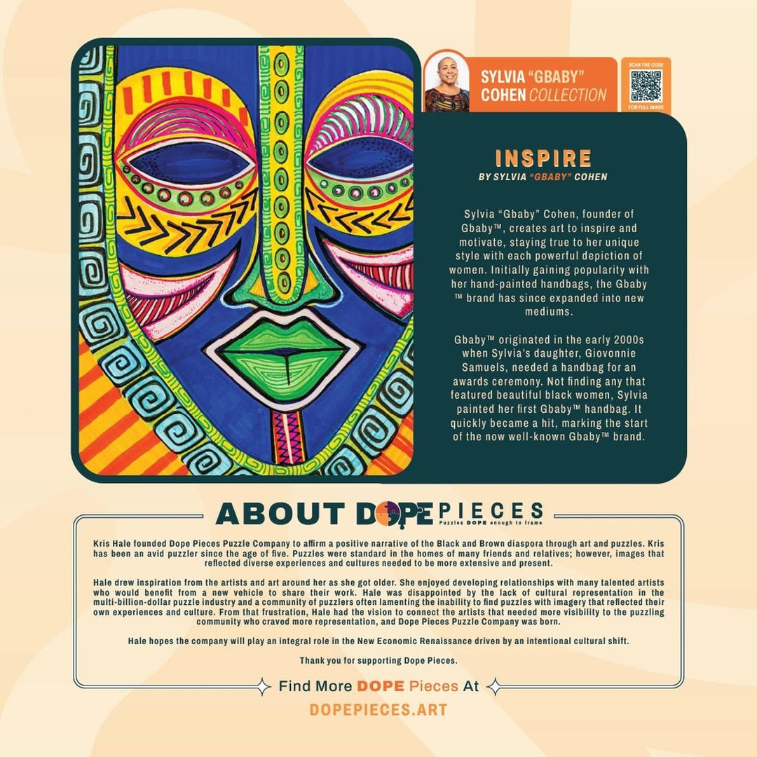 Inspire by Sylvia "Gbaby" Cohen: African American Jigsaw Puzzle (Back) - Colorful mask design with text about Dope Pieces and Sylvia 'Gbaby' Cohen's brand on a beige background.