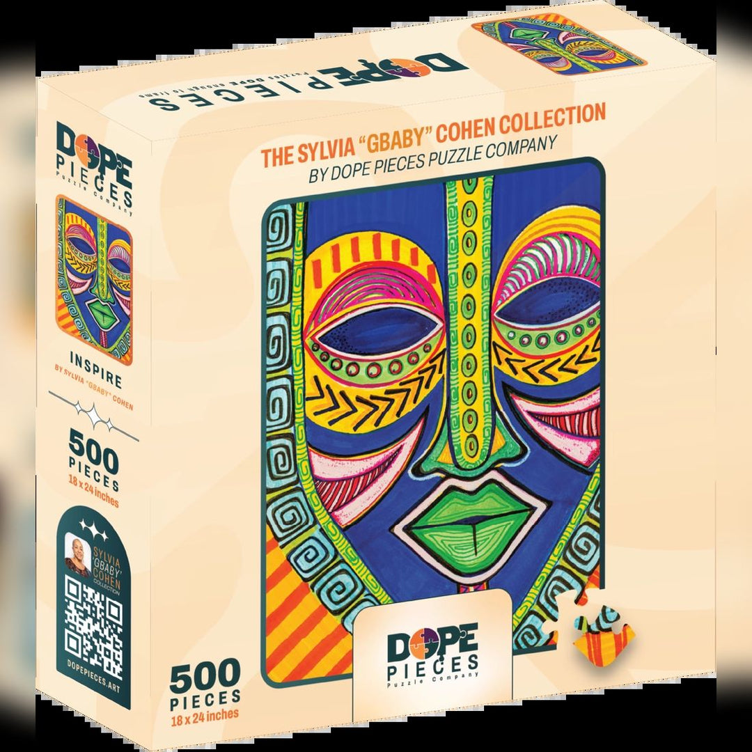 Inspire by Sylvia "Gbaby" Cohen: African American Jigsaw Puzzle (Full Box) - Dope Pieces puzzle box with colorful mask design and brand logo