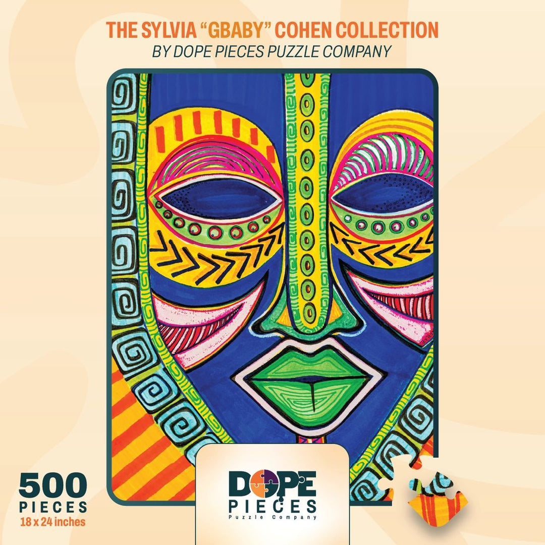 Inspire by Sylvia "Gbaby" Cohen: African American Jigsaw Puzzle (Box Front) - Colorful puzzle box with a stylized face design and 'Dope Pieces' branding on a beige background.