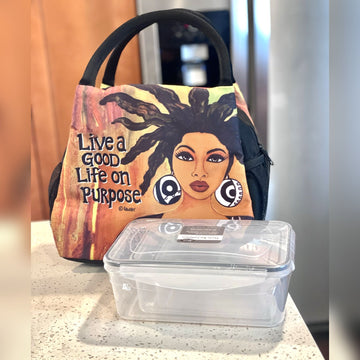 Live Life on Purpose Insulated Lunch Bag Set with Food Containers - Lunch bag with artistic design of a woman and text 'Live a Good Life on Purpose' next to a clear plastic container. (Lifestyle)