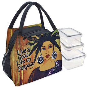 Live Life on Purpose Insulated Lunch Bag Set with Food Containers - Tote bag with a design of a woman's face and 'Live a Good Life on Purpose' text, next to glass food containers. (Main)