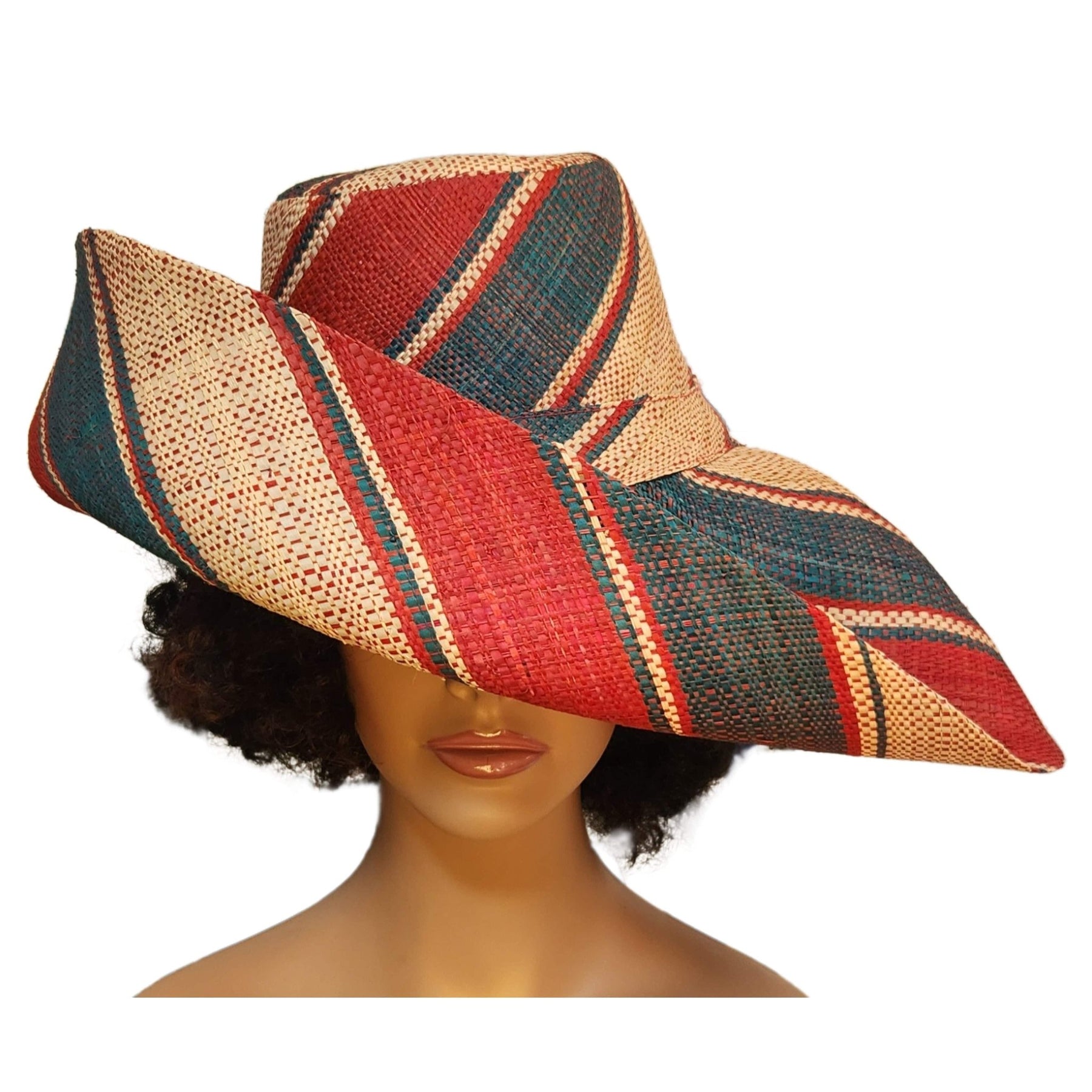 3 of 4: Maria: Authentic Hand Woven Multicolor Madagascar Big Brim Raffia Sun Hat (Mannequin, Front View II)