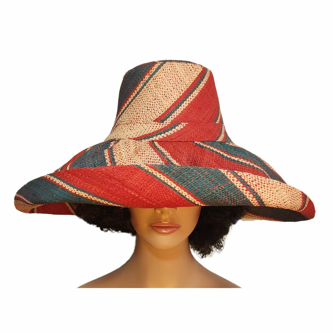Maria: Authentic Hand Woven Multicolor Madagascar Big Brim Raffia Sun Hat (Mannequin, Front View)