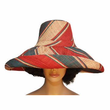 Maria: Authentic Hand Woven Multicolor Madagascar Big Brim Raffia Sun Hat (Mannequin, Front View)