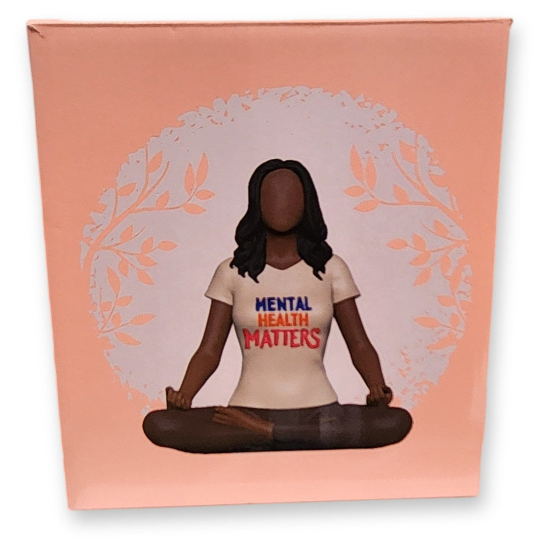 Mental Health Matters African American Figurine in meditation pose wearing inspirational shirt. Created by Spreading Joy Creations. Annie Lee inspired. (Gift Box)
