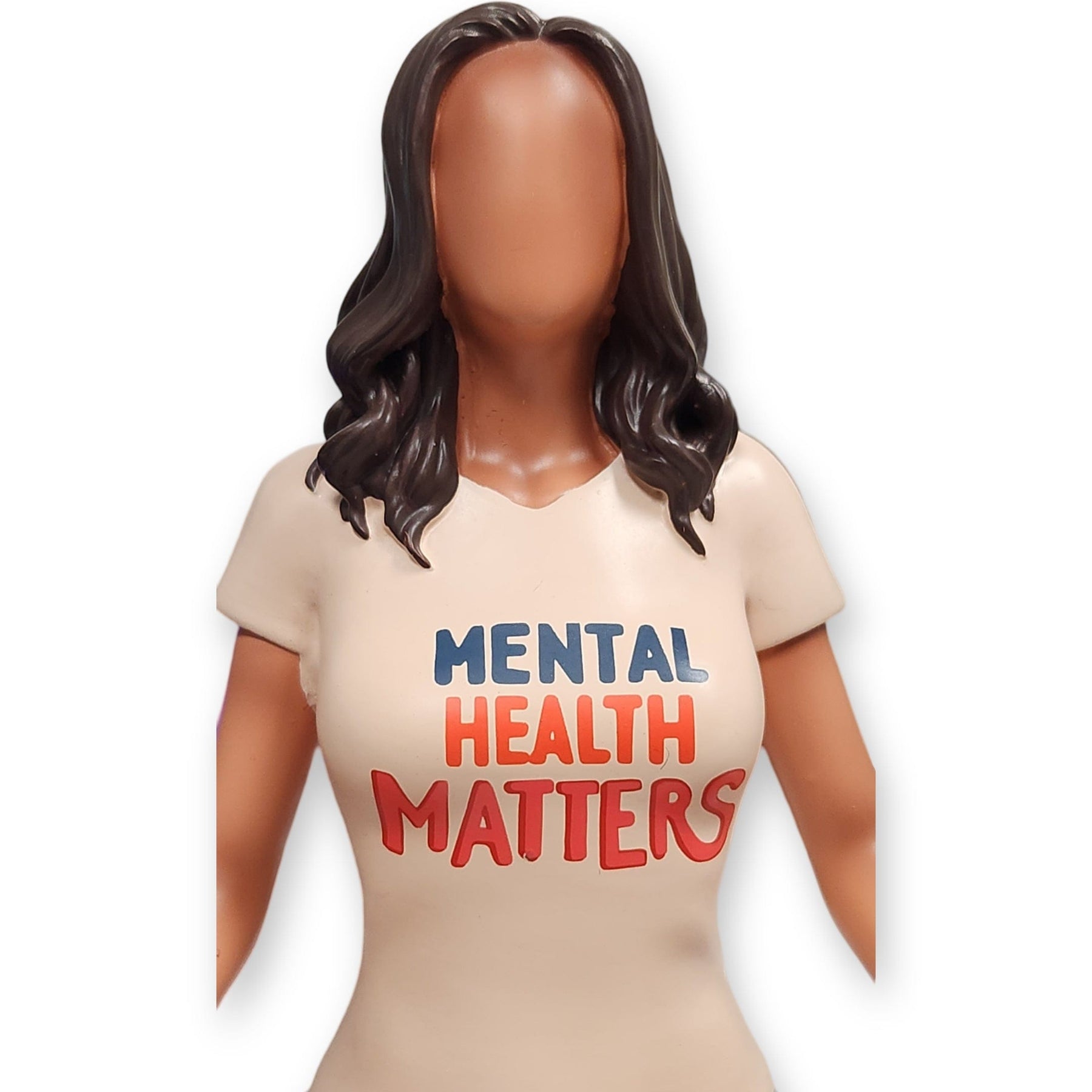 3 of 6: Mental Health Matters African American Figurine in meditation pose wearing inspirational shirt. Created by Spreading Joy Creations. Annie Lee inspired. (Front Detail)