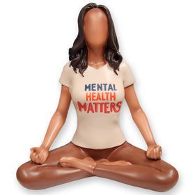 Mental Health Matters African American Figurine in meditation pose wearing inspirational shirt. Created by Spreading Joy Creations. Annie Lee inspired. (Main, Front)