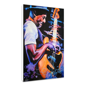 Edwin Lester's Music in Motion: Marcus Miller with vibrant blue and orange bass (Canvas)