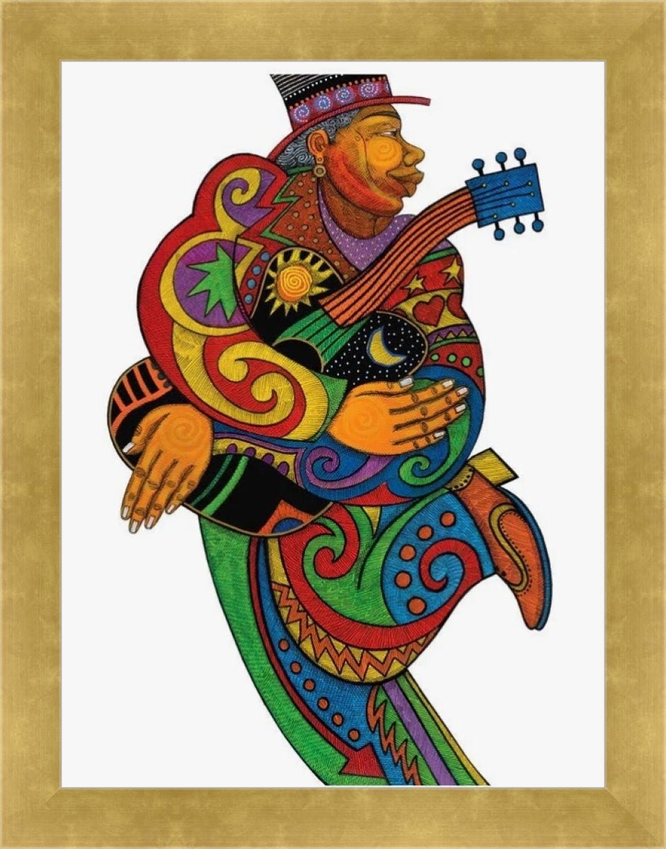 Mr. Jaz by Charles Bibbs (Gold Frame) - Colorful artwork of a person playing a guitar on a white background