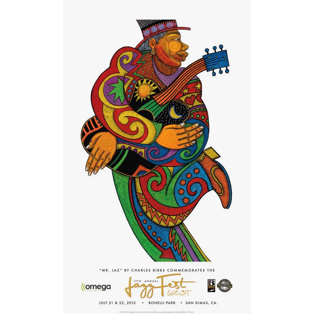 Mr. Jaz by Charles Bibbs (Full Poster) - Colorful illustration of a musician playing a guitar on a white background