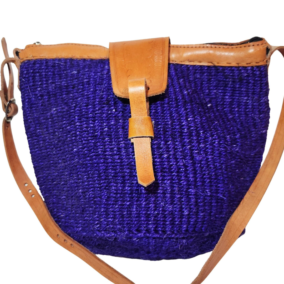 Namelo: Authentic Hand Woven Sisal and Leather Kenyan Kiondo (Purple, Detail Front View)