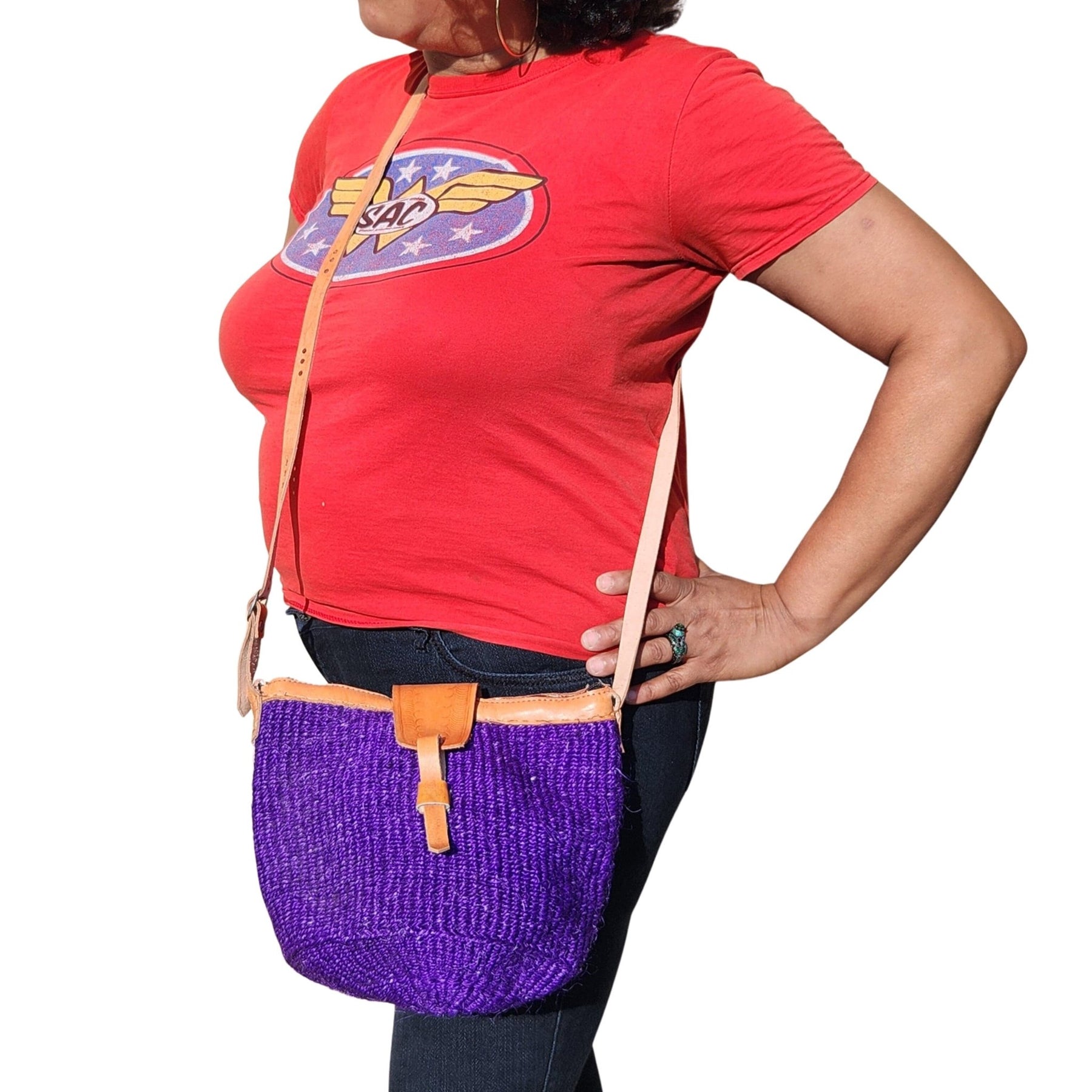 13 of 13: Namelo: Authentic Hand Woven Sisal and Leather Kenyan Kiondo (Purple, Lifestyle View 2)