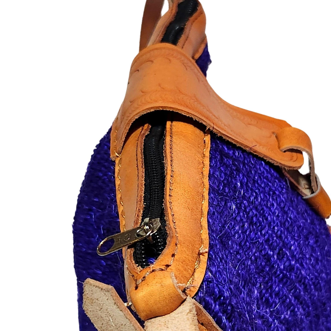 Namelo: Authentic Hand Woven Sisal and Leather Kenyan Kiondo (Purple, Detail Top View)