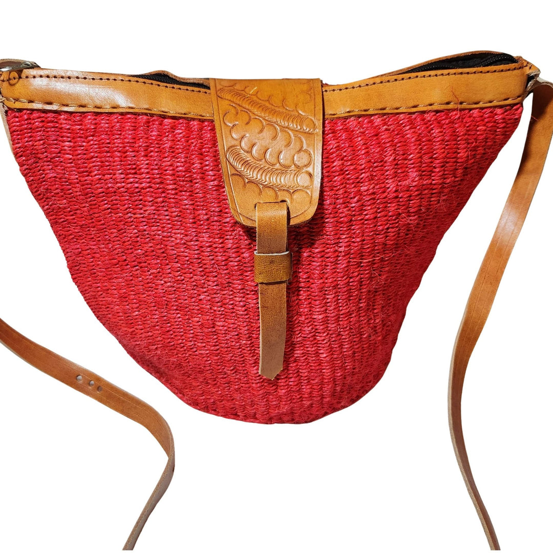 Namelo: Authentic Hand Woven Sisal and Leather Kenyan Kiondo (Red, Detail Front View)