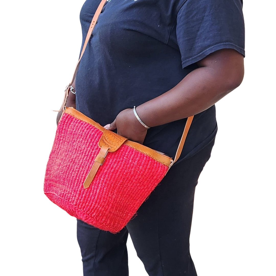Namelo: Authentic Hand Woven Sisal and Leather Kenyan Kiondo (Red, Lifestyle View)