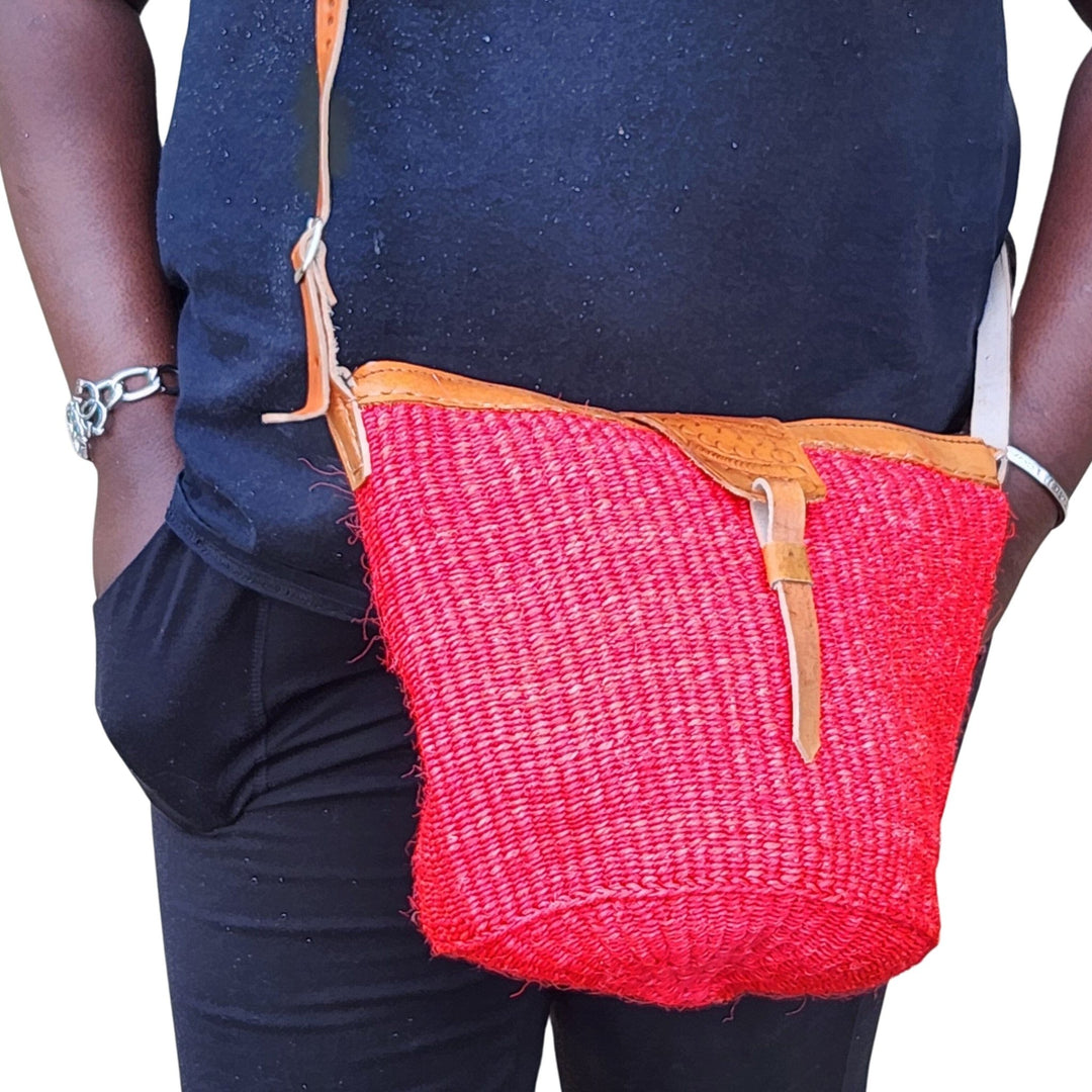 Namelo: Authentic Hand Woven Sisal and Leather Kenyan Kiondo (Red, Lifestyle View 2)