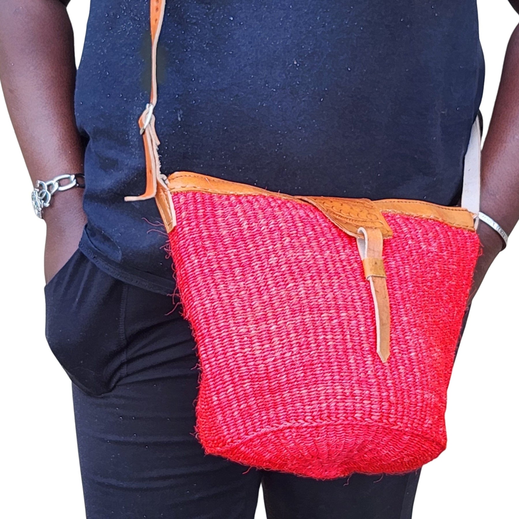 10 of 13: Namelo: Authentic Hand Woven Sisal and Leather Kenyan Kiondo (Red, Lifestyle View 2)