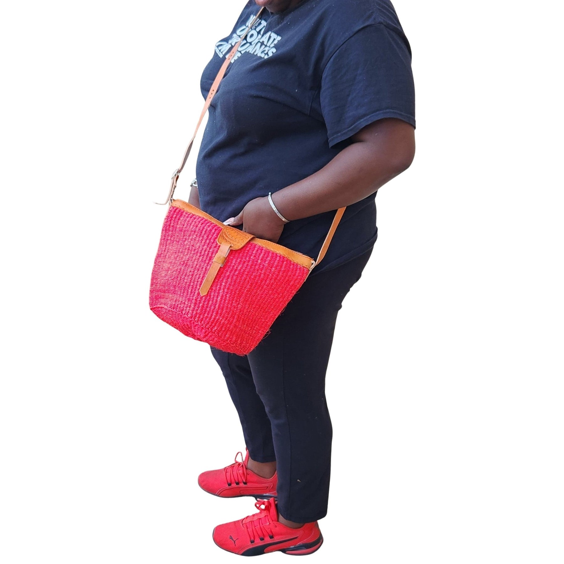 11 of 13: Namelo: Authentic Hand Woven Sisal and Leather Kenyan Kiondo (Red, Lifestyle View 3)