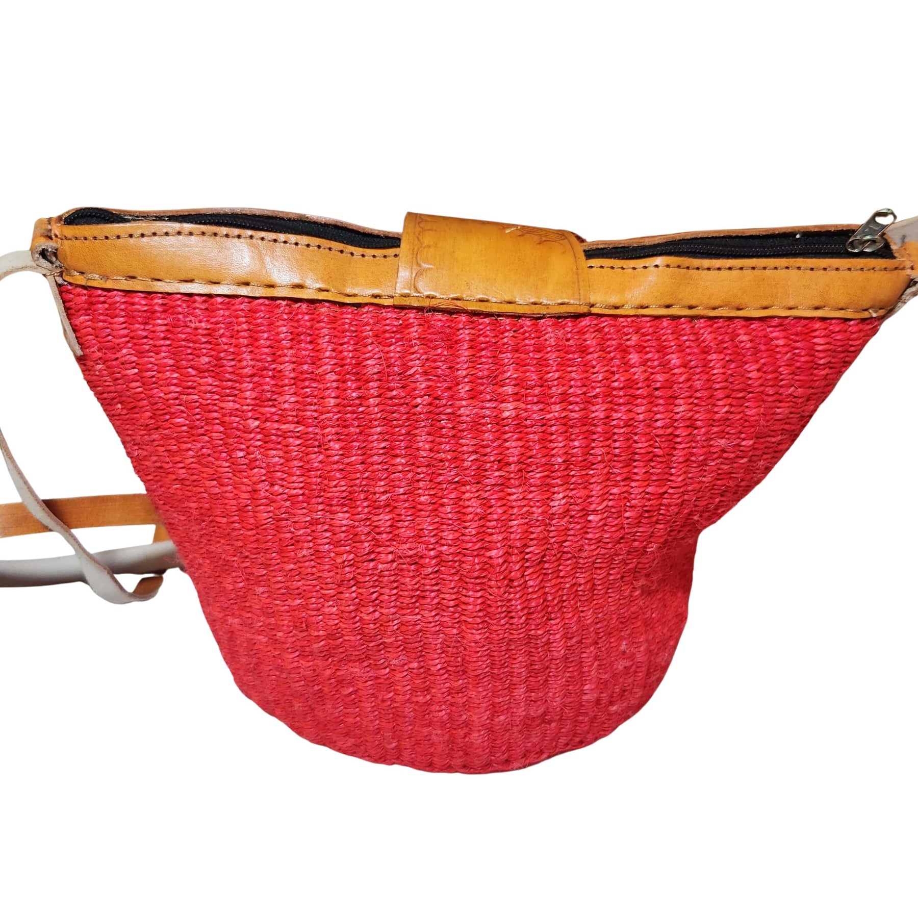 5 of 13: Namelo: Authentic Hand Woven Sisal and Leather Kenyan Kiondo (Red, Detail Rear View)