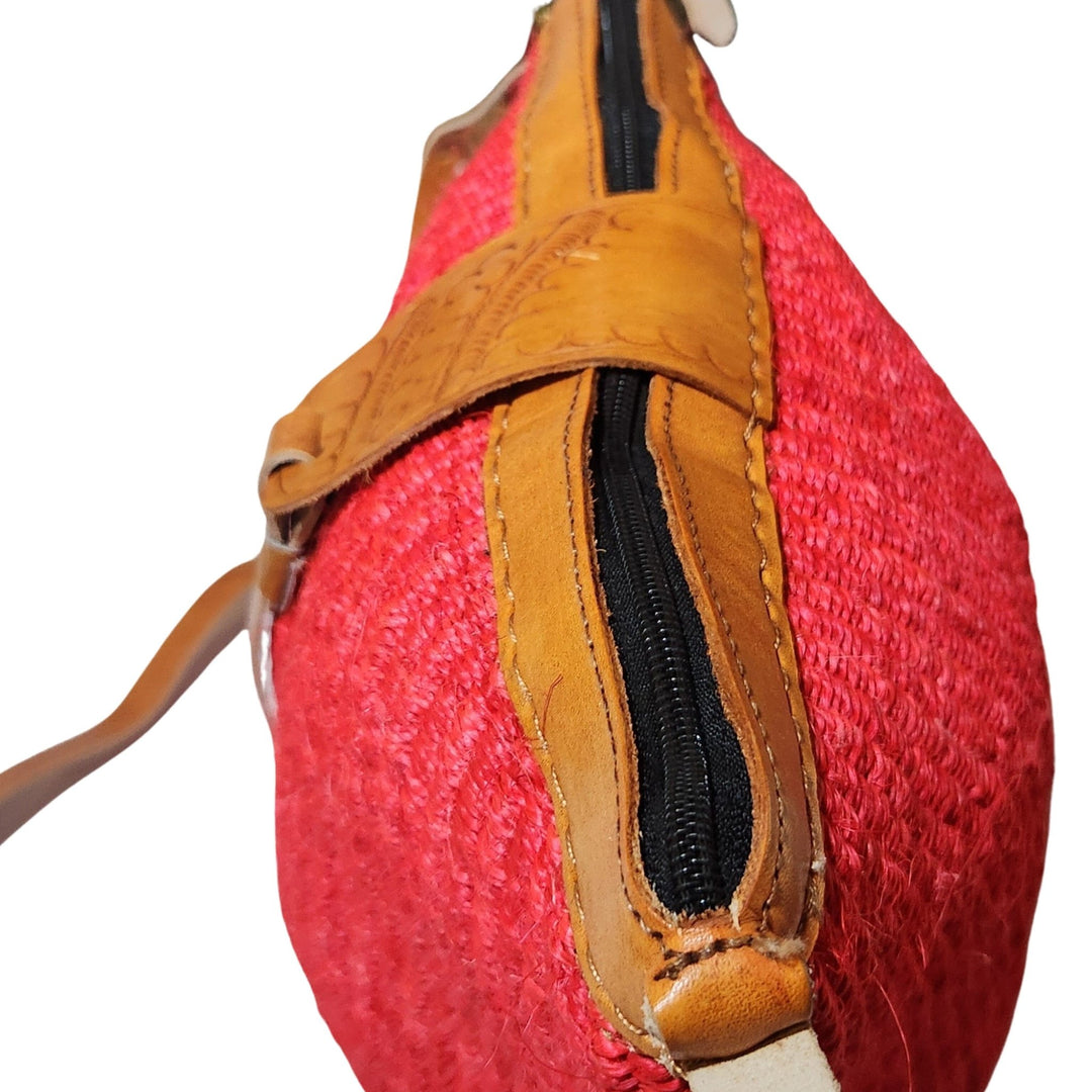 Namelo: Authentic Hand Woven Sisal and Leather Kenyan Kiondo (Red, Detail Top View)