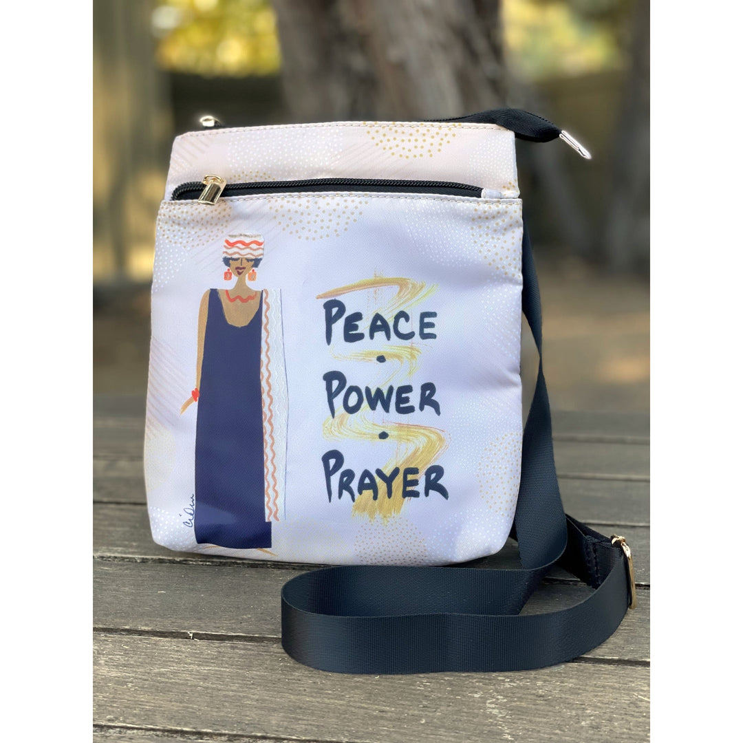 Peace, Power and Prayer by Cidne Wallace: African American Crossbody Travel Purse (Lifestyle 2)