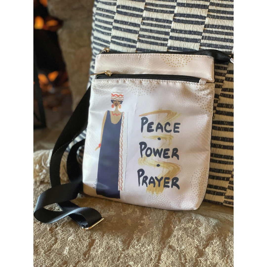 Peace, Power and Prayer by Cidne Wallace: African American Crossbody Travel Purse (Lifestyle 3)