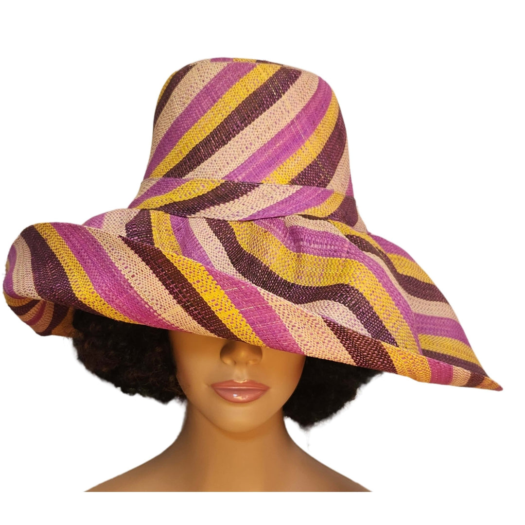 Reyante: Authentic Hand Woven Multicolor Madagascar Big Brim Raffia Sun Hat (Mannequin, Front View II)