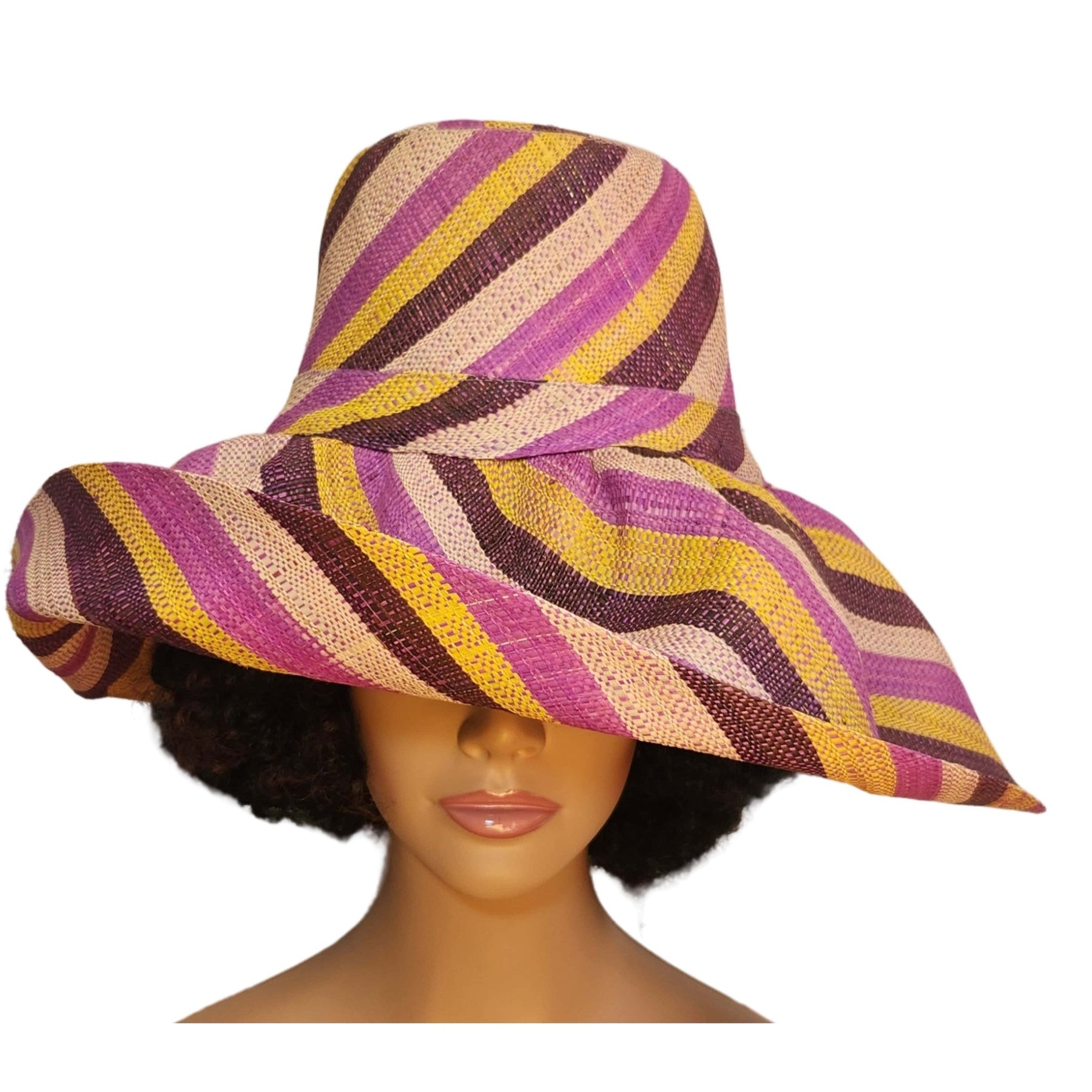 3 of 4: Reyante: Authentic Hand Woven Multicolor Madagascar Big Brim Raffia Sun Hat (Mannequin, Front View II)