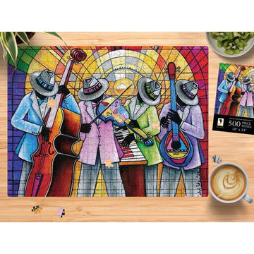 Rhythm and Hues by D.D. Ike: African American Jigsaw Puzzle - Colorful jazz quartet puzzle showing musicians with stained glass background (Lifestyle)