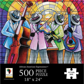 Rhythm and Hues by D.D. Ike: African American Jigsaw Puzzle - Colorful jazz quartet puzzle showing musicians with stained glass background