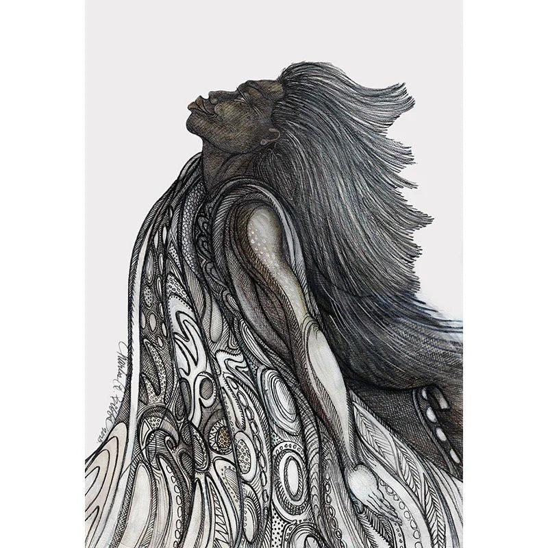 I Rise: Triumphant by Charles Bibbs - Artistic depiction of a person with flowing hair and intricate patterns on a white background