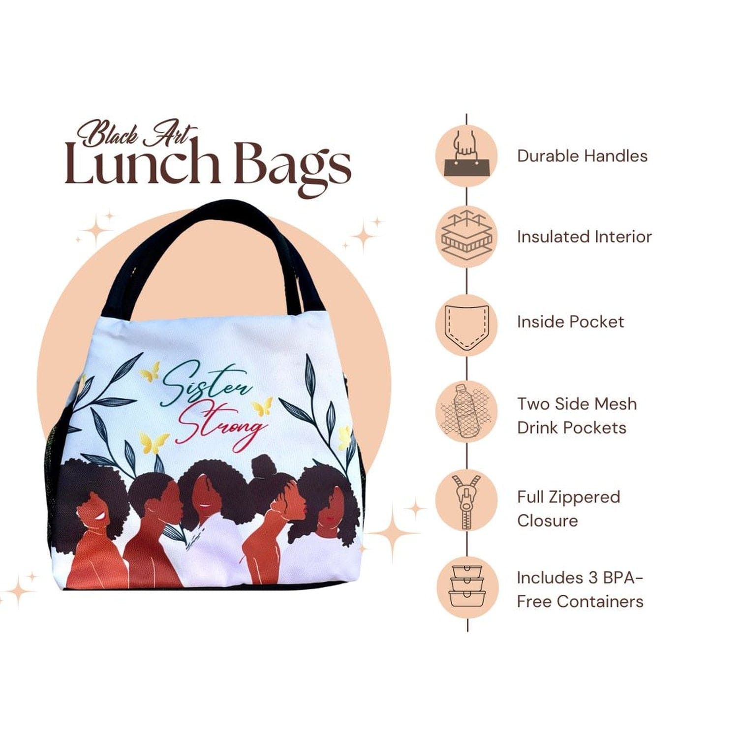 2 of 6: Janine Kai Robinson's Sister Strong lunch bag featuring Black women silhouettes (infographic)