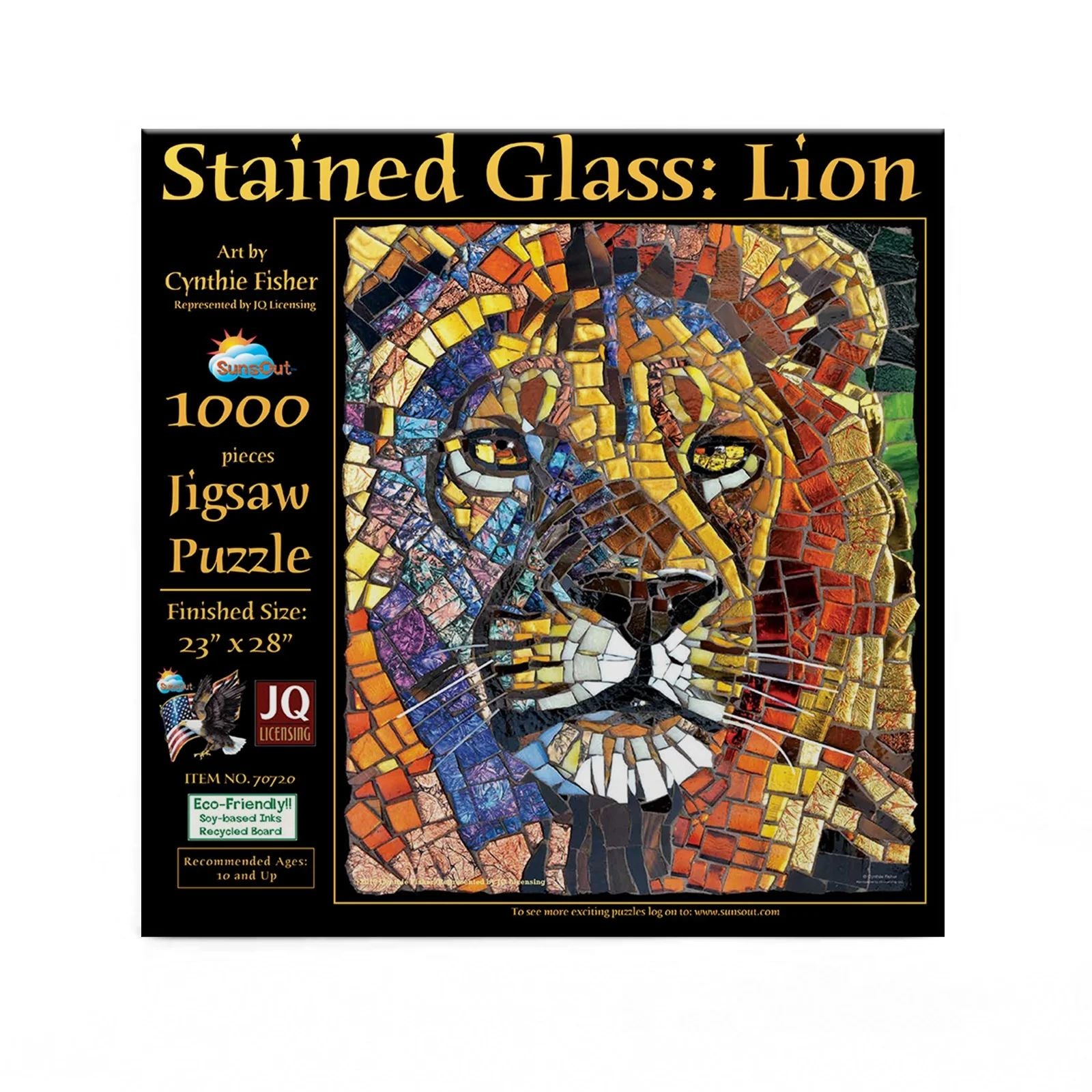 1 of 3: Animals of Africa: Stained Glass Lion Jigsaw Puzzle by Cynthie Fisher (Box Front) - Jigsaw puzzle box with stained glass lion design on a white background