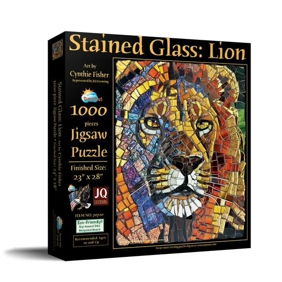 3 of 3: Animals of Africa: Stained Glass Lion Jigsaw Puzzle by Cynthie Fisher (Box Full) - Stained Glass Lion puzzle box with colorful lion design on a white background