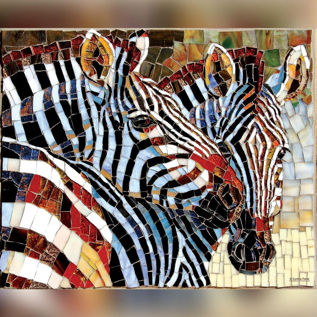 Animals of Africa: Stained Glass Zebra Jigsaw Puzzle by Cynthie Fisher (Artwork) - Mosaic artwork of two zebras with a multicolored background