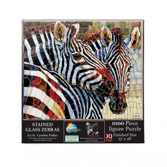 1 of 3: Animals of Africa: Stained Glass Zebra Jigsaw Puzzle by Cynthie Fisher (Box Front) - Jigsaw puzzle box with stained glass zebras design on a white background