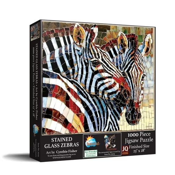Animals of Africa: Stained Glass Zebra Jigsaw Puzzle by Cynthie Fisher (Box Full) - Jigsaw puzzle box with stained glass zebras design on a white background