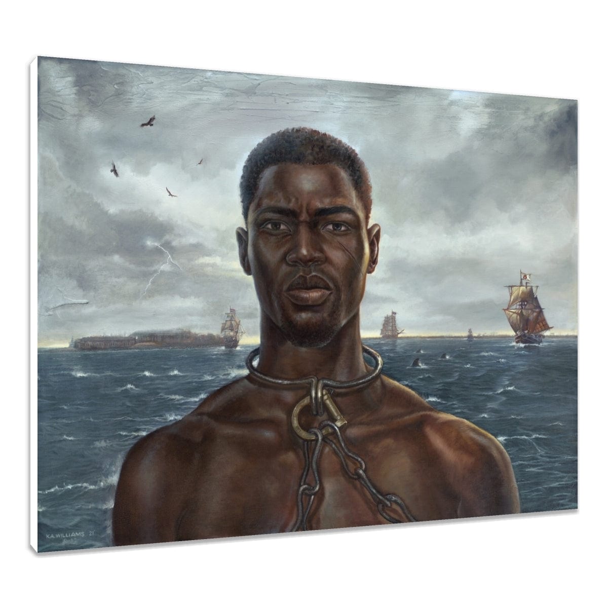 2 of 2: Stolen King by WAK - African man with neck chains facing viewer, slave ships behind him - stretched canvas