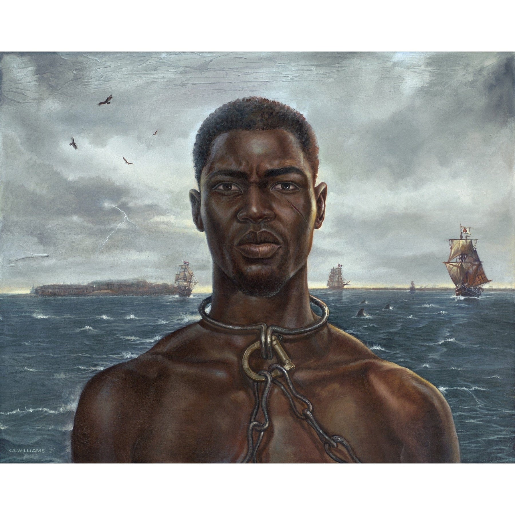 1 of 2: Stolen King by WAK - African man with neck chains facing viewer, slave ships behind him
