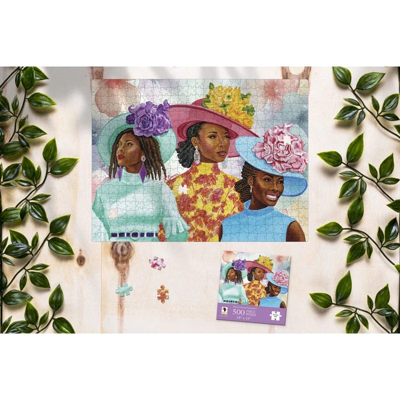 Sunday Morning (Church Crowns) by Keith Conner: African American Jigsaw Puzzle - Three African American women wearing colorful floral church crowns artwork (Puzzle Lifestyle Photo)