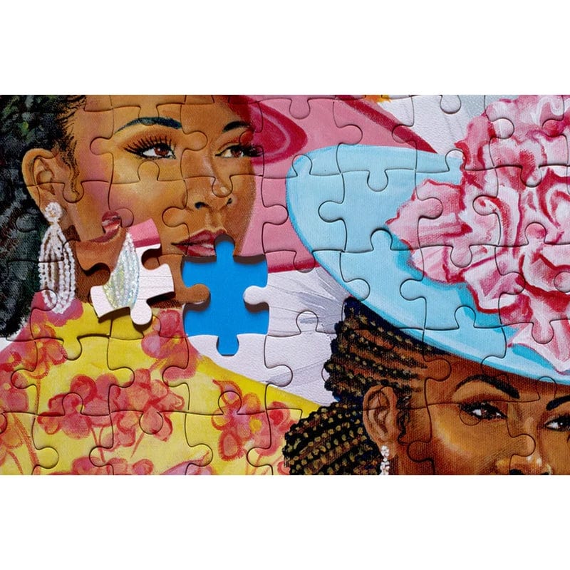 4 of 8: Sunday Morning (Church Crowns) by Keith Conner: African American Jigsaw Puzzle - Three African American women wearing colorful floral church crowns artwork (Puzzle Detail)