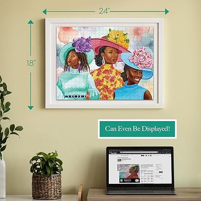 5 of 8: Sunday Morning (Church Crowns) by Keith Conner: African American Jigsaw Puzzle - Three African American women wearing colorful floral church crowns artwork (Finished Puzzle Framed)