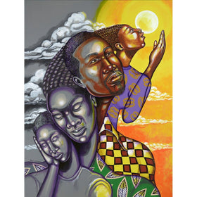 The Awakening by Larry "Poncho Brown": african american artwork; three figures transitioning from dark to golden light as there mental health improves