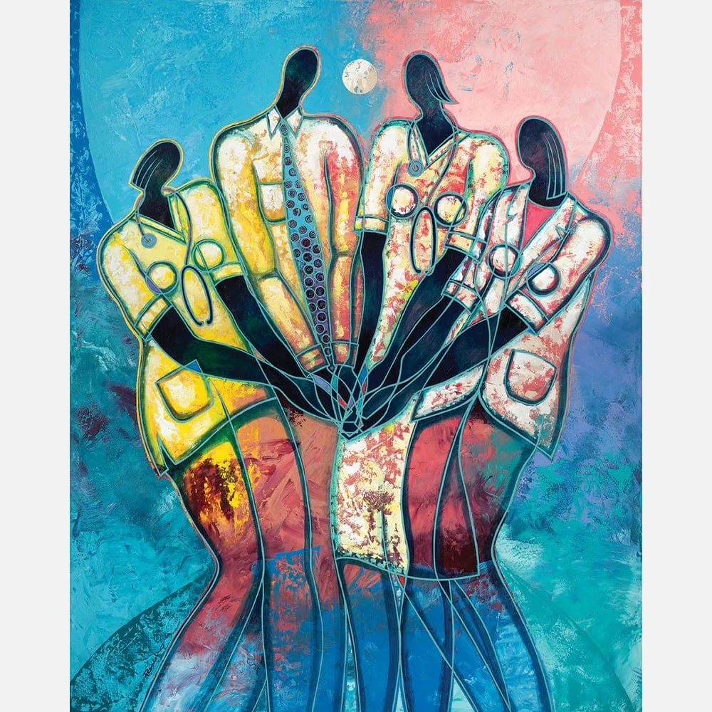 The Caregivers: Nursing Together by Larry "Poncho" Brown - colorful artwork showing nurses in unity circle