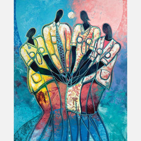 The Caregivers: Nursing Together by Larry "Poncho" Brown - colorful artwork showing nurses in unity circle