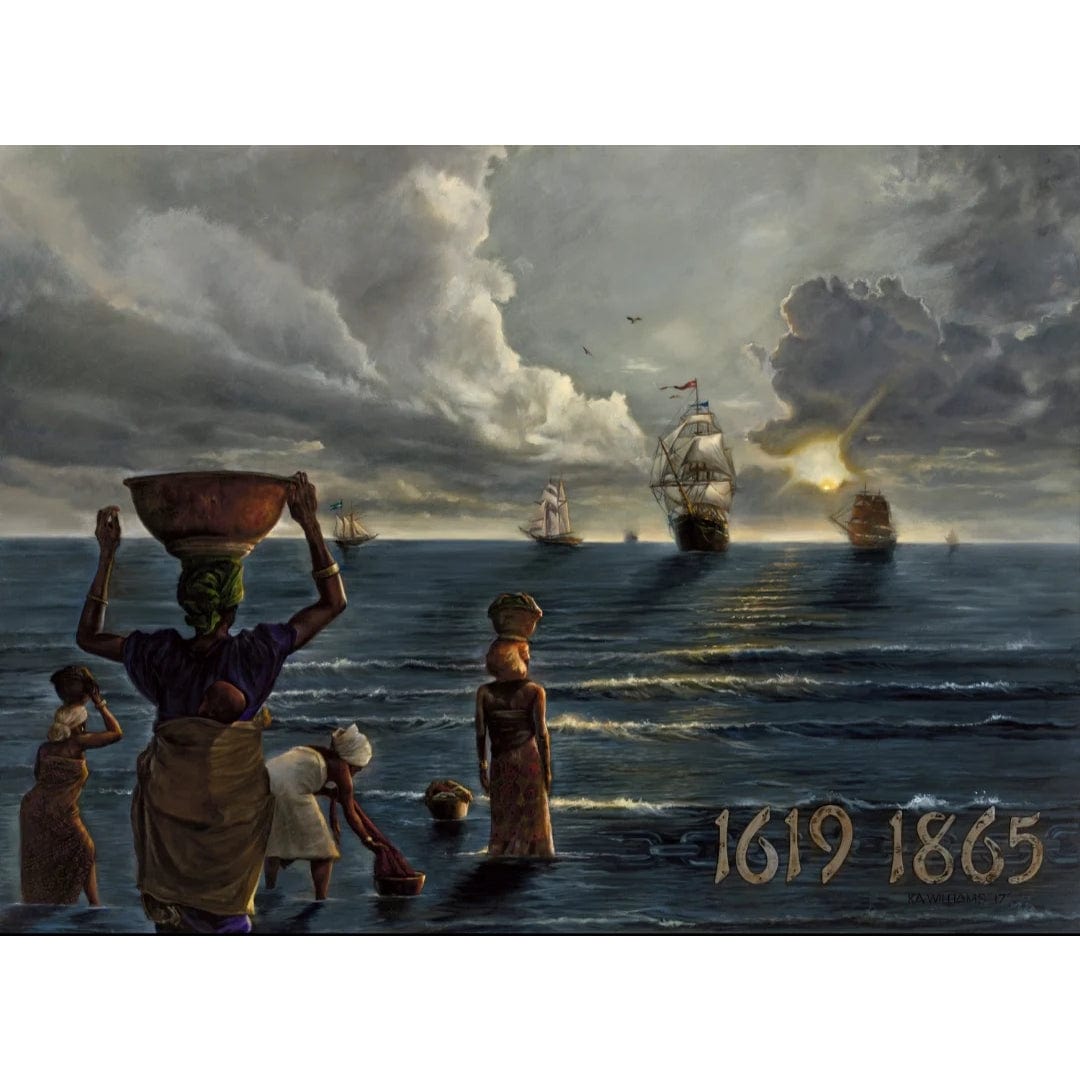 1 of 2: The Washers by WAK - African women at shoreline with baskets facing slave ships, 1619-1865