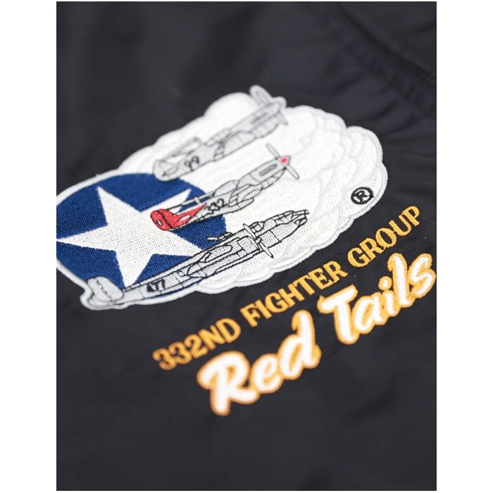 12 of 22: Tuskegee Airmen Squadron Patch Embroidered Bomber Jacket (Black, Detail, Front, Right Breast)